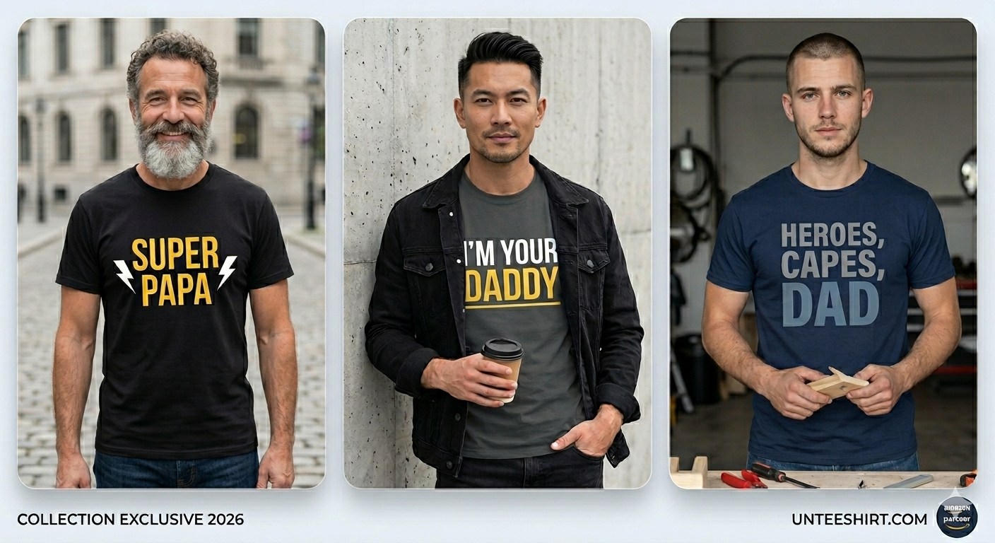 Montage de trois mannequins d'origines et d'âges différents présentant la collection Fête des Pères 2026 : un homme mûr barbu en t-shirt noir 'Super Papa', un homme asiatique moderne en t-shirt gris 'I'm Your Daddy', et un jeune homme en atelier avec le t-shirt bleu marine 'Heroes, Capes, Dad'