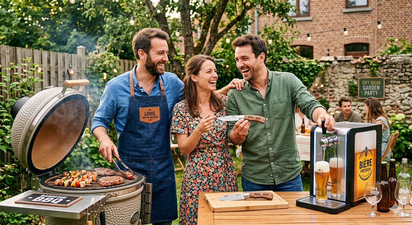 chemin/idees-cadeaux-originales-tireuse-biere-couteau-personnalise-barbecue.webp" alt="Trois amis souriants profitant d'une soirée barbecue : un homme utilise un barbecue kamado, une femme tient un couteau de poche personnalisé gravé, et un autre homme verse de la bière pression depuis une tireuse domestique. Idées cadeaux originales pour homme.