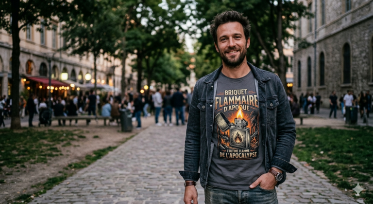 Homme souriant portant le t-shirt gris "Briquet Flammaire d'Apoque" avec un design vintage de briquet tempête allumé, style apocalypse rock, dans une rue pavée animée en ville.