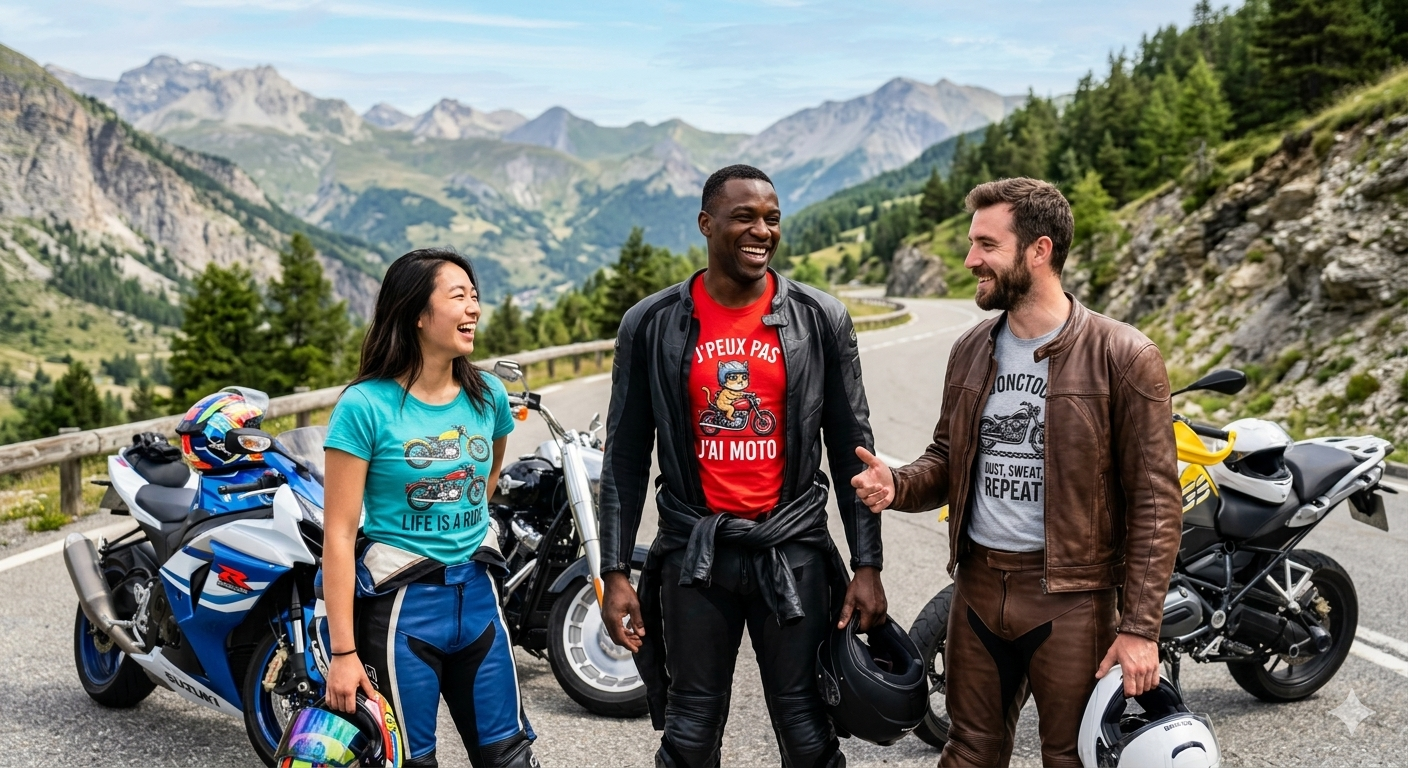 Groupe de motards en montagne avec blousons ouverts dévoilant des t-shirts humoristiques UnTeeShirt : J'peux pas j'ai moto et designs vintage.