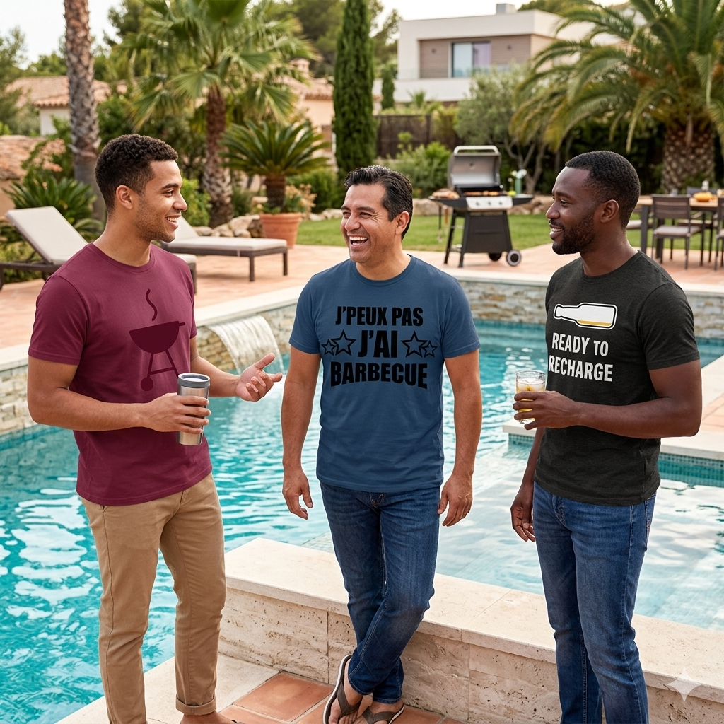 Trois hommes discutent au bord d'une piscine portant les designs UnTeeShirt : J'peux pas j'ai barbecue, Ready to Recharge et icône Barbecue.
