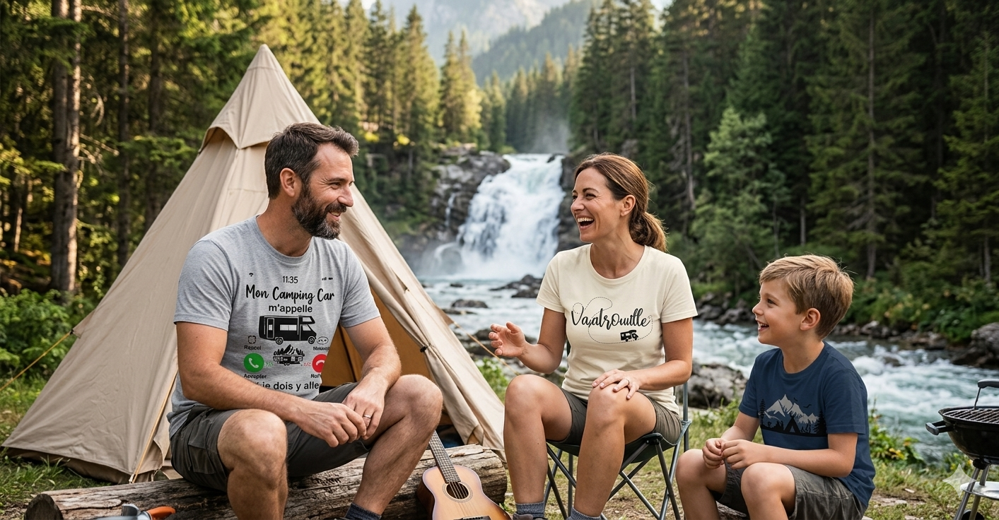 Une famille (père, mère, fils) en camping devant une tente et une cascade. Le père porte un t-shirt 'Mon Camping-Car m'appelle', la mère le modèle 'Vadrouille' et le fils un design paysage de montagne.