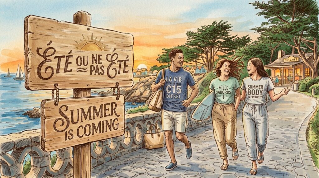 Trois amis joyeux marchant sur une promenade en bord de mer au coucher du soleil, portant des t-shirts de la marque Unteeshirt avec les slogans humoristiques 'La vie est plus belle en C15 Diesel', 'Mille Sabords' et 'Summer Body in Progress'. Au premier plan, un panneau en bois gravé affiche le titre de la collection : 'Été ou ne pas été'